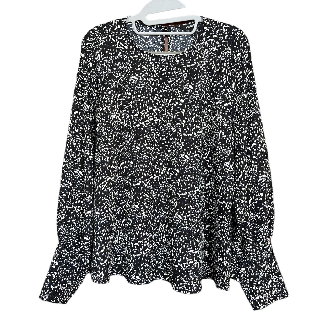 Express Black, White & Blue Abstract Long Sleeve Blouse Size M EUC